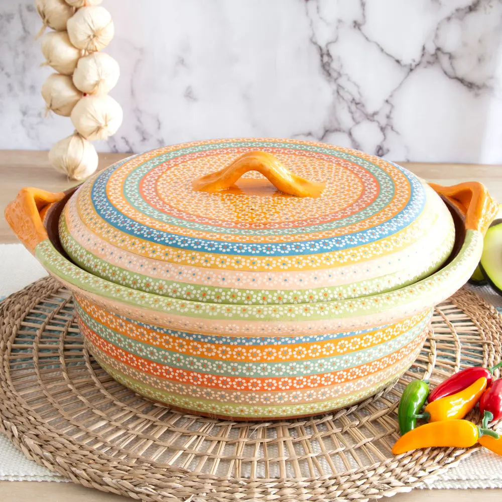 13" Diameter XL Round Dotted Air-Dry Food-Safe Clay Casserole Dish - Mexican 1-of-a-Kind Artisanal Cookware, 4" Tall Handmade Lidded Serving Bowl with Clay Art for Kitchen Cooking, Airdry