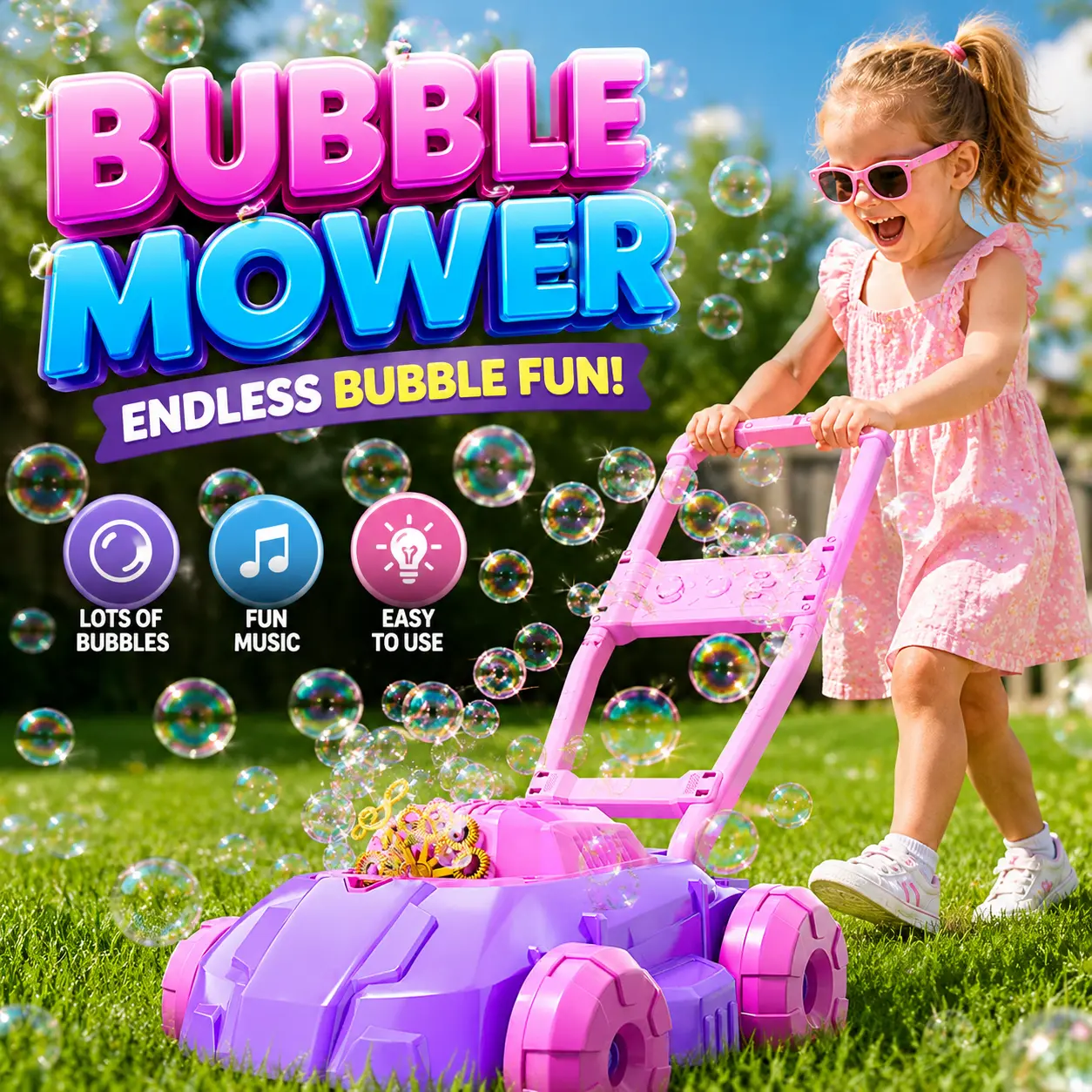 Outdoor Bubble Lawn Mower romantic Toy Gifts with Push Handle Bubble liquid Maker Machine for Kids bubble machine Summer Backyard Garden Pretend Play Birthday Outdoor Fun
