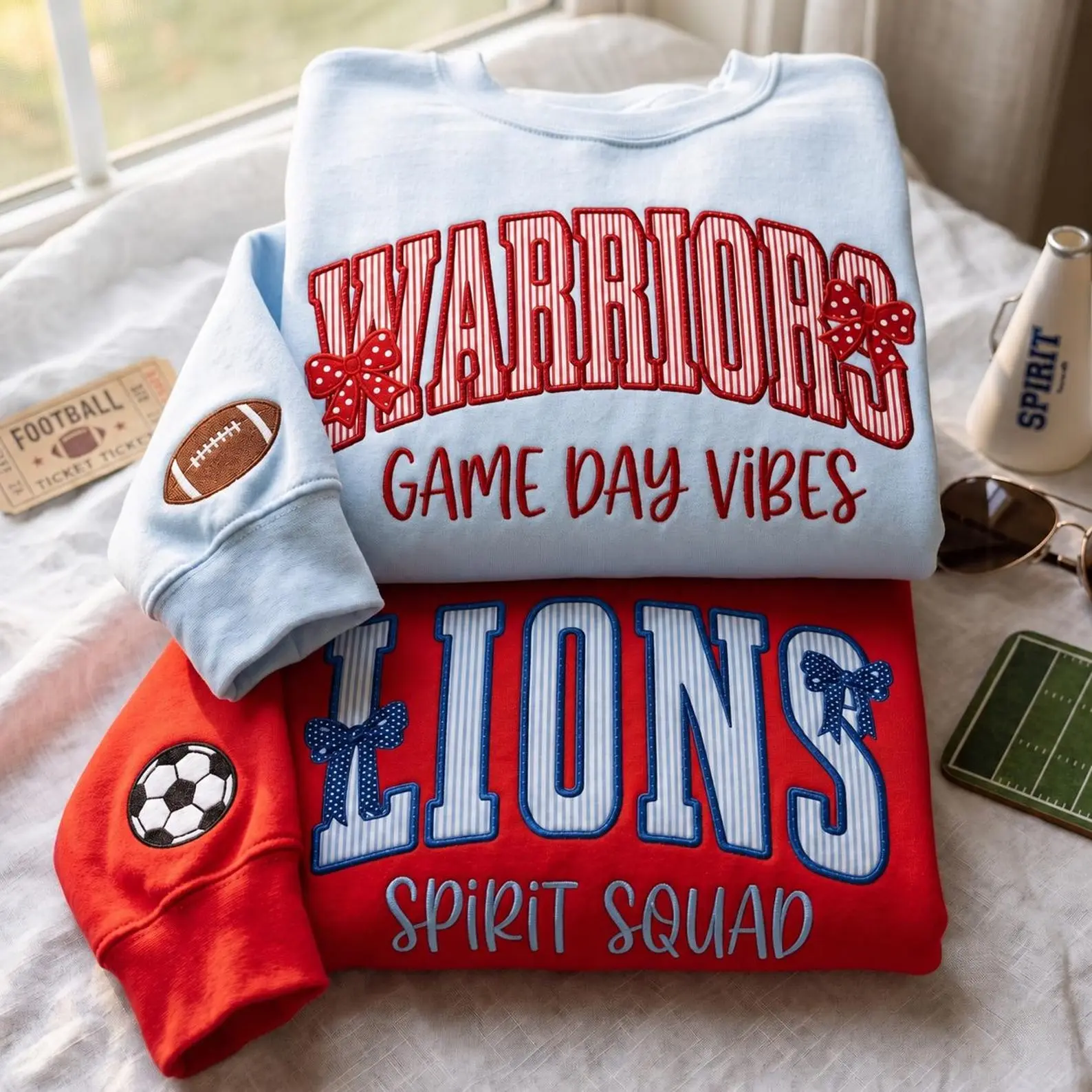 Personalized Team Spirit Gildan Sweatshirt, Custom School Name Applique Crewneck, Game Day Shirt with Optional Sleeve Sport Icon