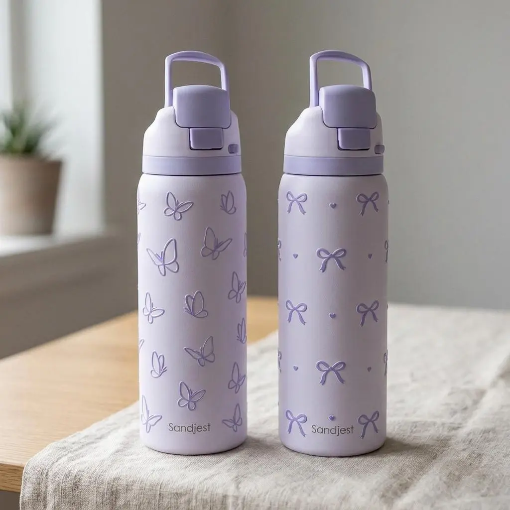 SANDJEST Periwinkle Aesthetic 32oz Stainless Steel Push-Button Water Bottle, Vacuum Insulated Drinkware for Travel Sports Gym Gift for Her