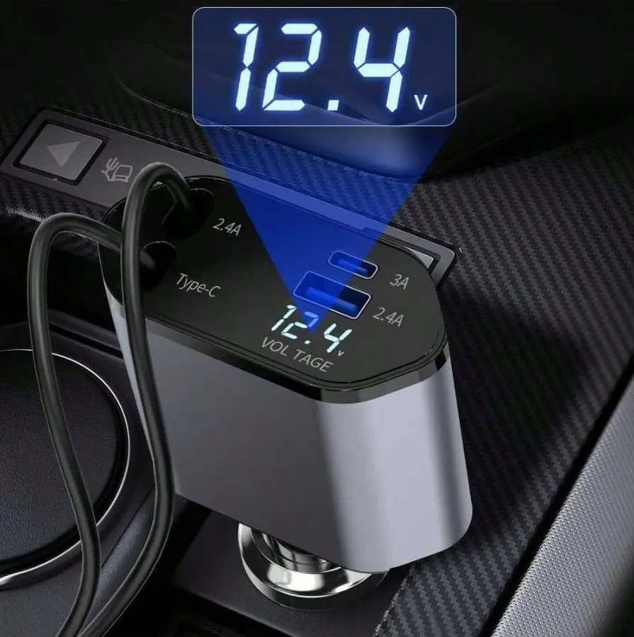Retractable 120W 4-in-1 Fast Charging Smart Car Charger, USB-C Auto Charger, 2 USB Ports, 2.6ft (80cm) Collapsible Cable, 180-Degree Adjustment, Car Accessory for iPhone 15/14/13/12 Pro Max,