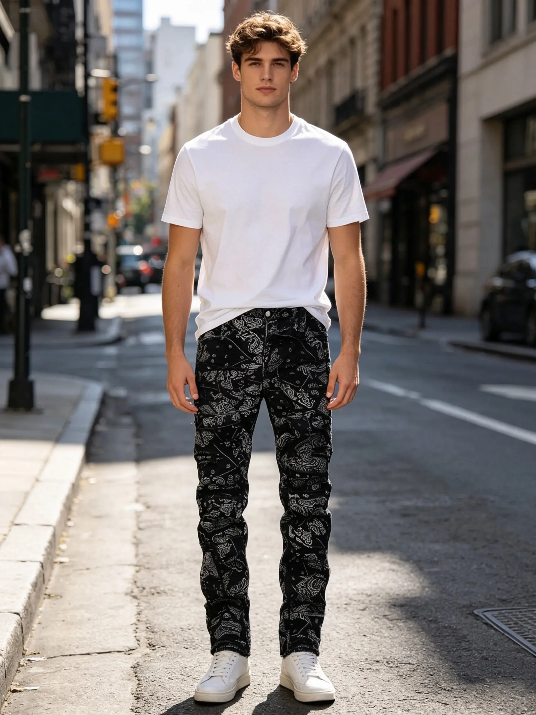 Streetwear fashion men's jeans high street fashion brand designer fashion printed elastic black men's small straight leg pants