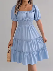Women's Plain Ruffle Trim Dress, Casual Short Sleeve Square Neck Dress for Summer, Women's Clothing for Beach Holiday