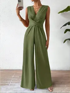 Women's Elegant V-Neck Fitted Jumpsuit with Cross Details, Casual High-Waisted Wide-Leg Sleeveless Style, Ideal for Office & Formal Occasions, Beach Vacation & Travel, Spring & Summer, Simple & Versatile Womenswear, Casual Jumpsuits