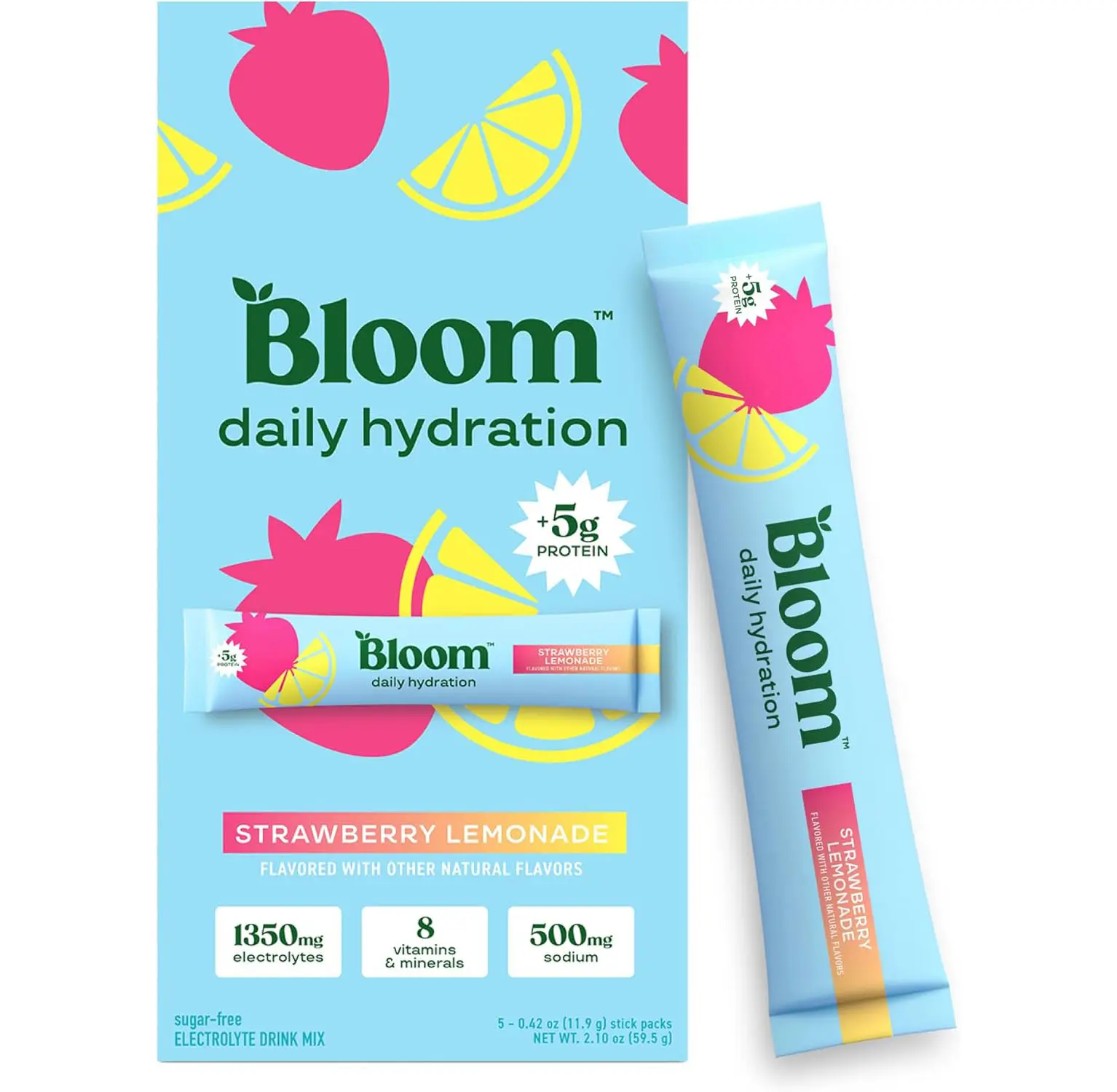 Bloom Nutrition Hydration Electrolyte Sticks, Strawberry Lemonade, 5 Count | Electrolytes with Collagen, 5g Protein, Vitamins & Minerals, Sugar Free Drink Mix