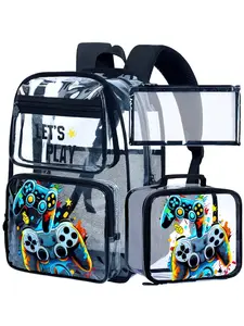 3PCS Kids Clear Backpack for Boys, Casual Printed Backpack, Transparent Bookbag Stadium Approved, See Through School Bag for Elementary Preschool- Game