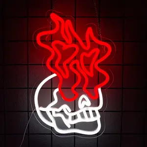 Skull Neon Signs for Bedroom Skull Fire Neon  Sign for Man Cave Beer Bar Club Game Room Halloween Party Decor Gifts Neon Light Sign Decorative Lighting