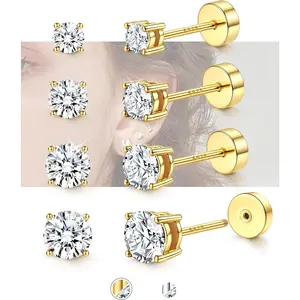 YADOCA Hypoallergenic Flat Back Earrings for Women -  Silver Earrings for Sensitive Ears - Cartilage Earring Helix Conch Tragus Piercing Flatback Cubic Zirconia Earring Set Studs Men 2/3/4/5mm