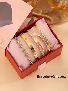 4-Piece Stainless Steel Diamond Bracelet, Elegant French Fashion Style, Perfect Gift Box Included, Ideal for Gifts and Daily Wear