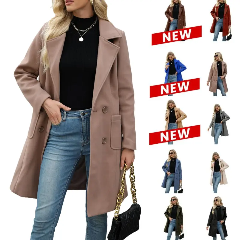 Woodberry Women's Elegant Double-Breasted Pea Coat, Mid-Long Wool Blend Winter Outerwear with Notched Lapel, Tops