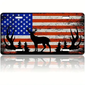 Vintage American Flag Deer License Plate Forest - Aluminum - 6X 12inch Polished Metal Standard Plate, Easy to Install, Men's/Women's Car License Plate, Car Decoration Accessories, License Plate Decoration, Decorative Use Only