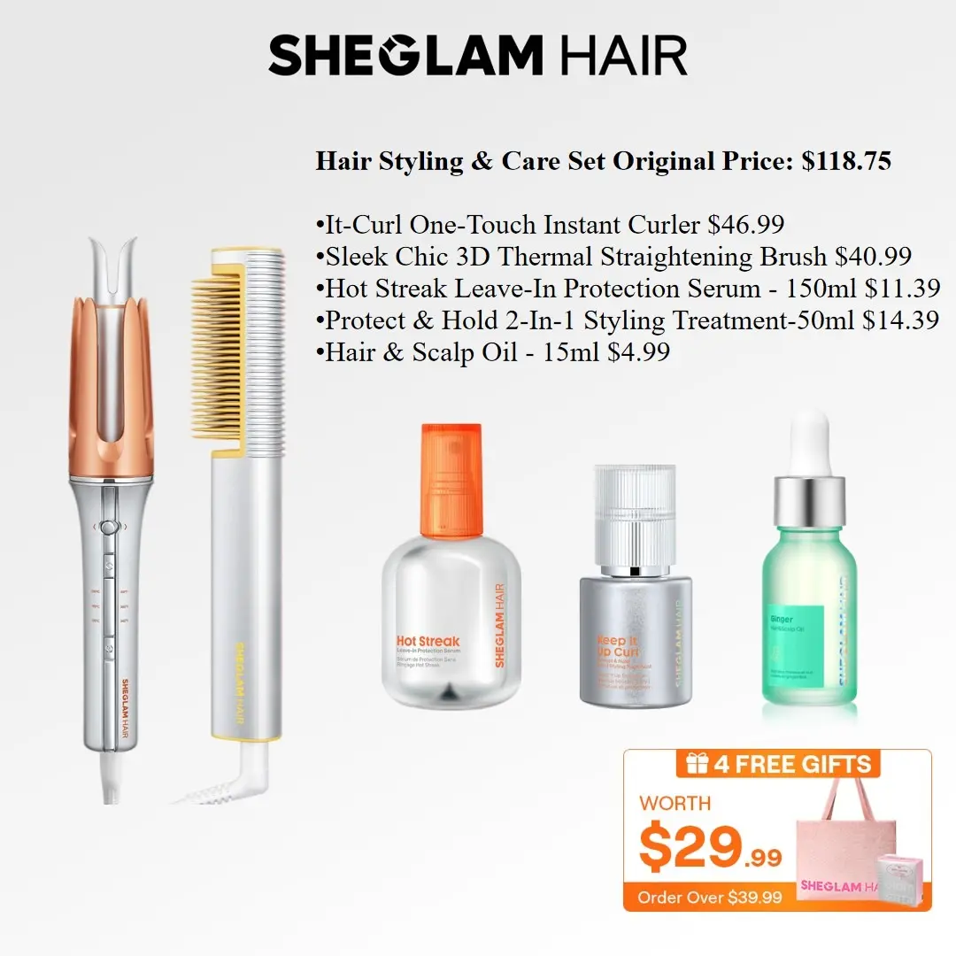 SHEGLAM HAIR Salon-Quality Styling & Care Kit | It-Curl Curler | Sleek Chic 3D Straightening Brush | Hot Streak Leave-In Serum | Keep it Up Curl Treatment | Hair Scalp Oil (5-Piece Set)#curly hair products #girly essentials #intimate gifts for women