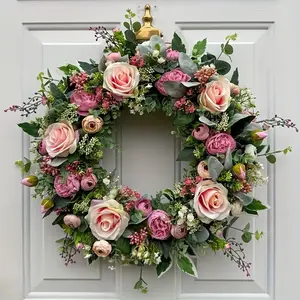 Artificial Rose Wreath with Eucalyptus Leaves, 18 Inch Fake Flower Wreath for Front Door, Wedding, Farmhouse Home Decor, Decorative Flowers, Artificial Flowers for Outside