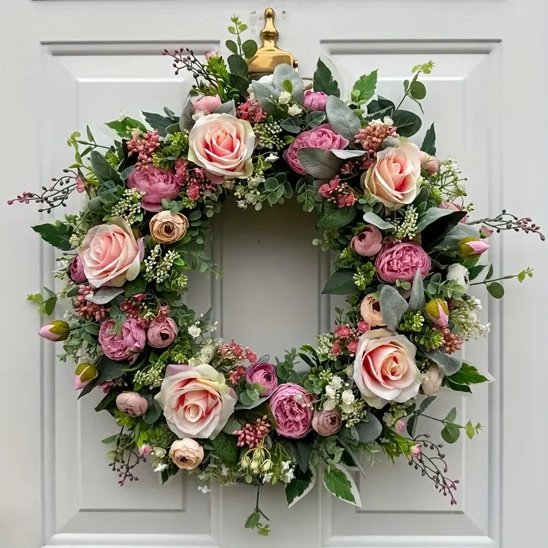 Artificial Rose Wreath with Eucalyptus Leaves, 18 Inch Fake Flower Wreath for Front Door, Wedding, Farmhouse Home Decor, Decoration Items, Decorative Flowers, Artificial Flowers for Outside