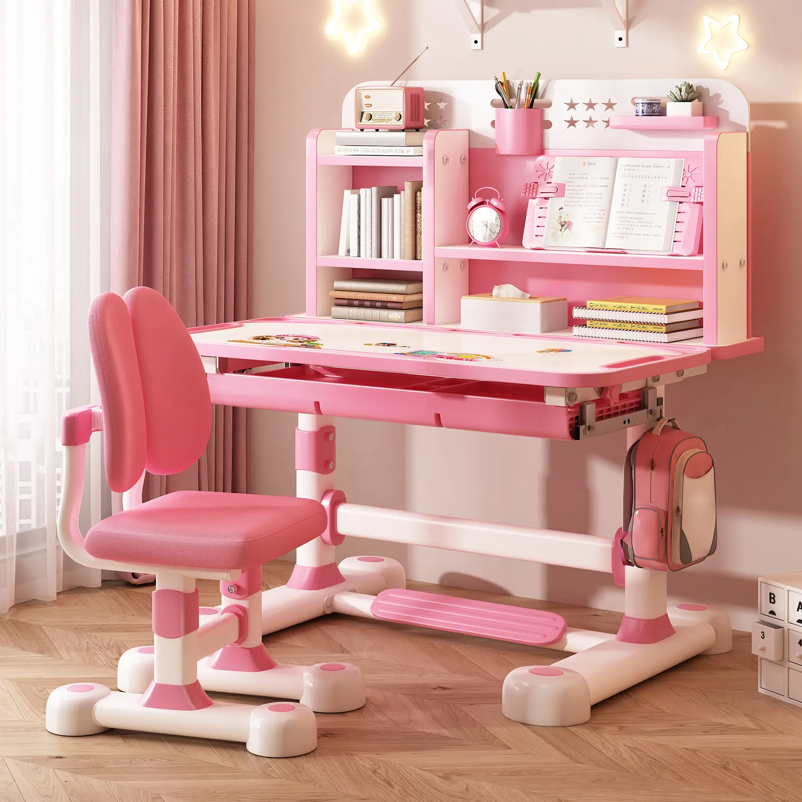Kids' 2-Piece Adjustable Height Desk & Chair Set - Ergonomic School Furniture for 3-18 Years Old, with Sitting Corrector, Book Stand, Foot Pedal, Partition, Drawer, Backpack Hooks, Modern Home Decor (Pink, Blue)