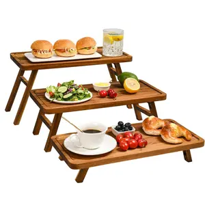 3 Tier Serving Tray Acacia Wooden Tiered Tray Stand Foldable Dessert Table Display Set Decor Charcuterie Boards for Party, Birthday, Wedding, Christmas