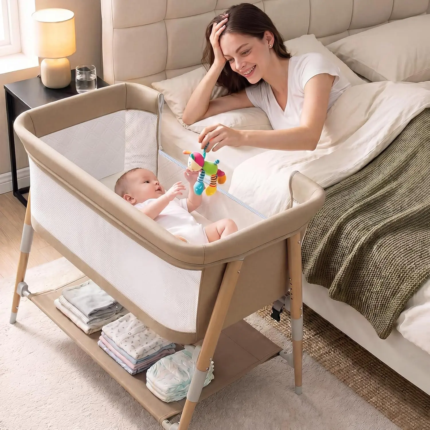 Baby Bassinet crib, 3 in 1 Bedside Bassinet Sleeper for Newborn, Portable Baby Crib with Storage Basket and Mosquito Net, Breathable Mesh & Mattress, Easy to Fold, Height Adjustable, Summer Sale