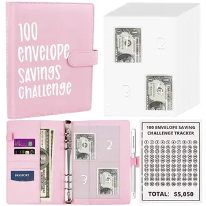 100 Envelope Challenge Binder – Money-Saving Wallet with Budget Sheets and Pen | A5 100 Envelope Challenge Ledger with 100 Card Slots | Fun PU Leather Monthly Budget Planner Savings Challenge Planner