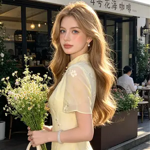 Cream Yellow Daisy Embroidery Ao Dai Style Qipao Double Collar Loose Vacation Dress