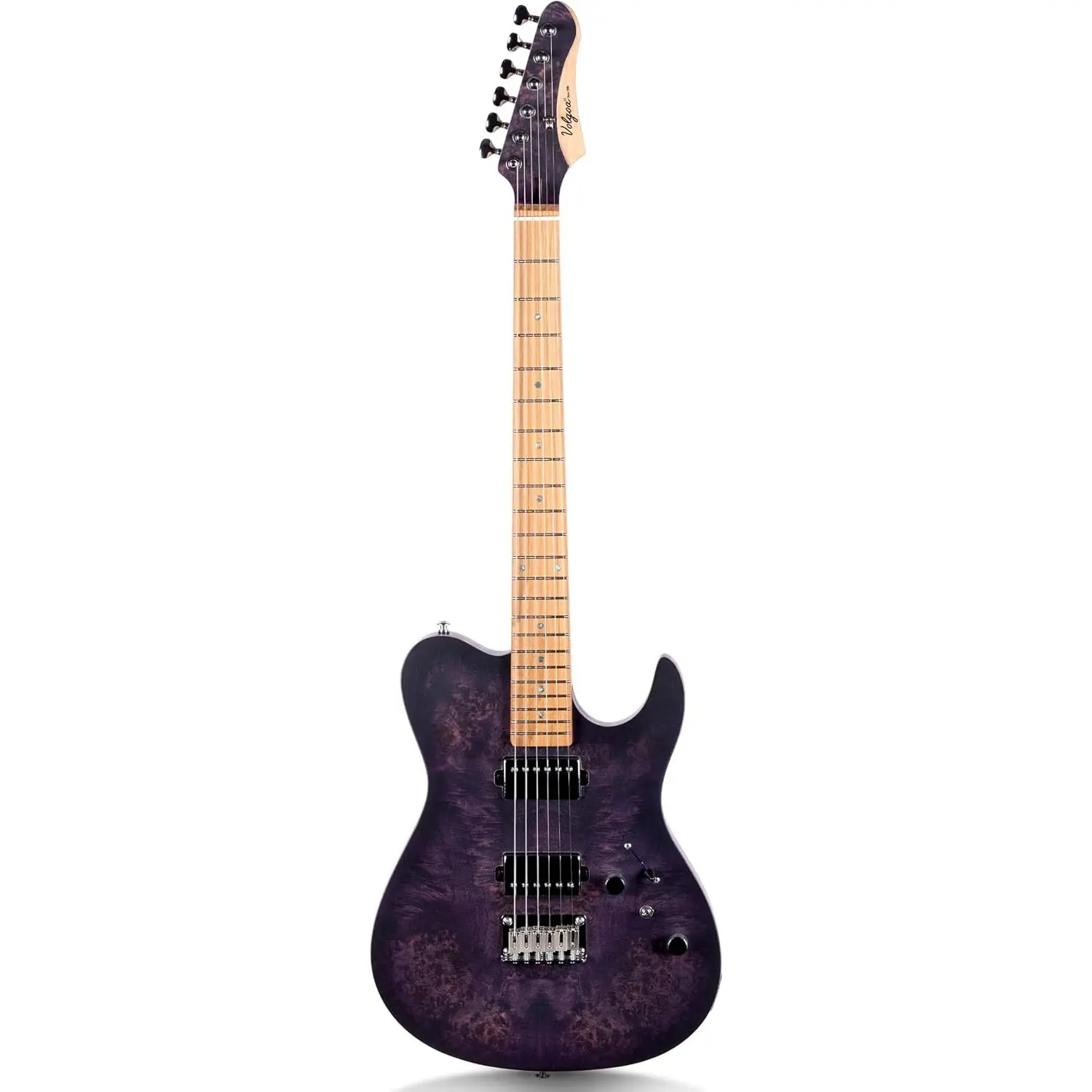 Electric Guitar for Rock, Blues, Metal & Modern Music Styles - Burl Wood Print Top, Modern Double Cut, 6-String, HH Pickups, Tremolo, Maple Neck, Gloss Finish (Purple) with Versatile Sound, Dual Humbucker Pickups