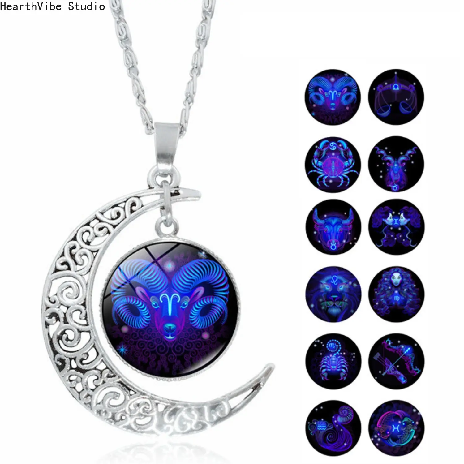 Zodiac Moon Pendant Necklace - Illuminated 12 Constellation Celestial Exquisite Jewelry Gift, Unisex Long Chain Sports & Outdoor Accessory, All Seasons Personalized Present for Astrology Enthusiasts, Aries, Cancer, Gemini, Constellations