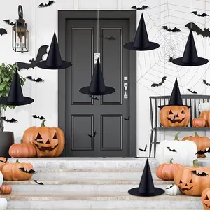 6 PCS Halloween Black Witch Hats Decoration Hanging Witch Wizard Hats Bulk with 3D Bats Wall Stickers for Halloween Party Costume Accessory Indoor Outdoor Yard Porch Decor Magical Ornaments