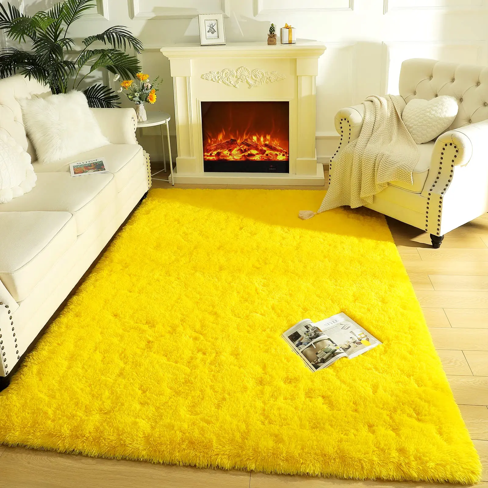[Black Friday] Christmas Ultra Soft Indoor Modern Area Rugs Fluffy Living Room Carpets for Children Bedroom Home Decor Nursery Rug 5.3x7.5 Feet, Yellow shaggy  rug indoor carpet