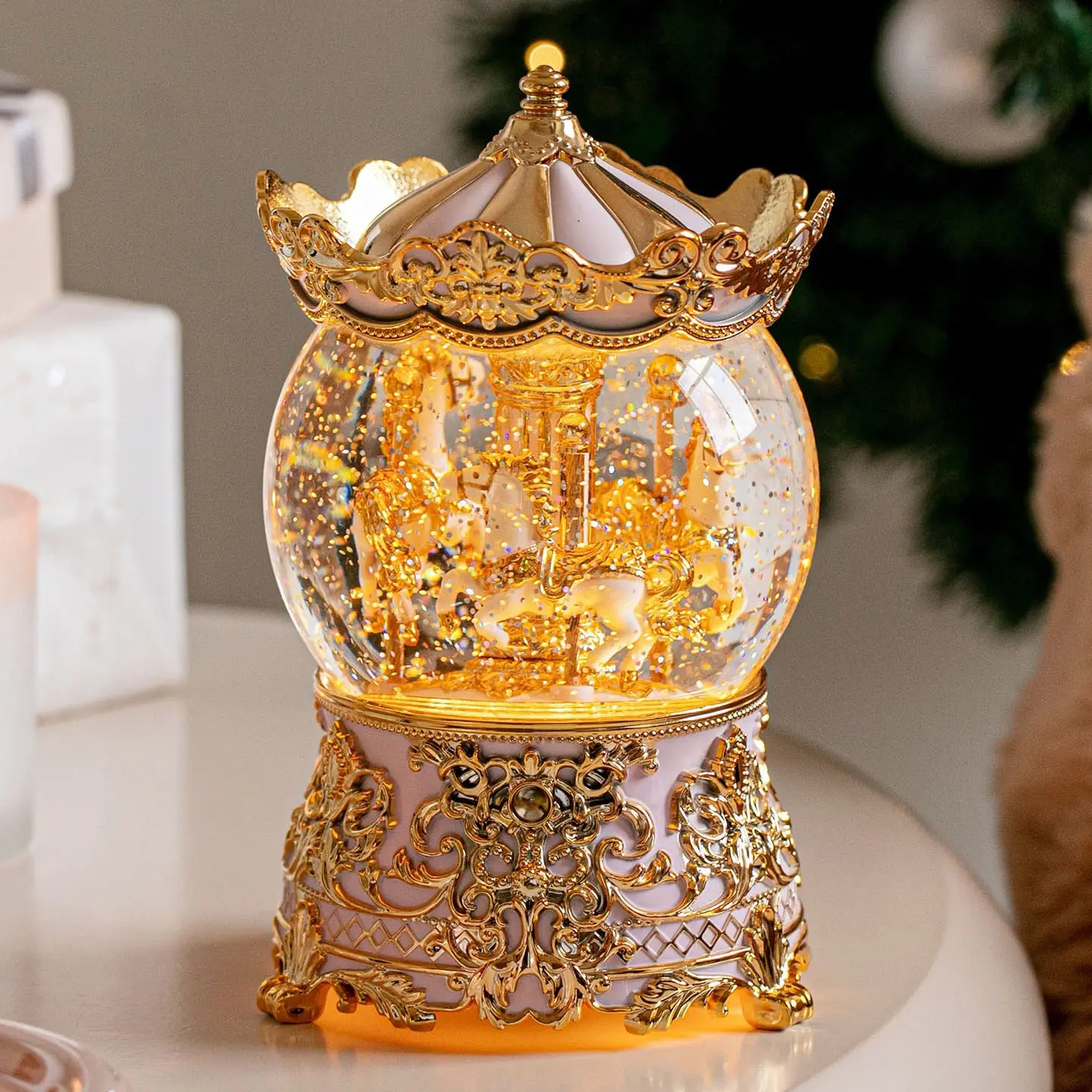Princess Musical Snow Globe Carousel Music Box for Girls Women Kids Christmas Birthday Presents Gifts Transparent Decoration Ornaments Electroplated Base & Top with 9 Songs USB Battery Powered