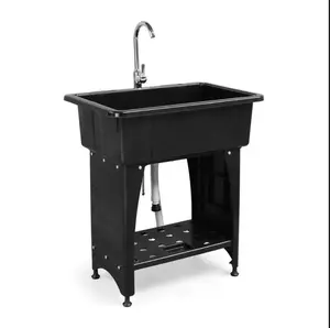 【Summervibes】24"D x 40"W x 36"H Multi-functional Washing Sink Laundry Basin with Faucet & Shelf Plastic & Metal Feet for Laundry Room Garage Utility Sink with Drainboard Movable Storage Shelf