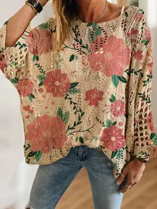 Floral Print Long Sleeve Knit Top, Casual Elegant Vacation Style Sweater, Loose Batwing Shoulders, Spring Summer Fall Women's Clothing