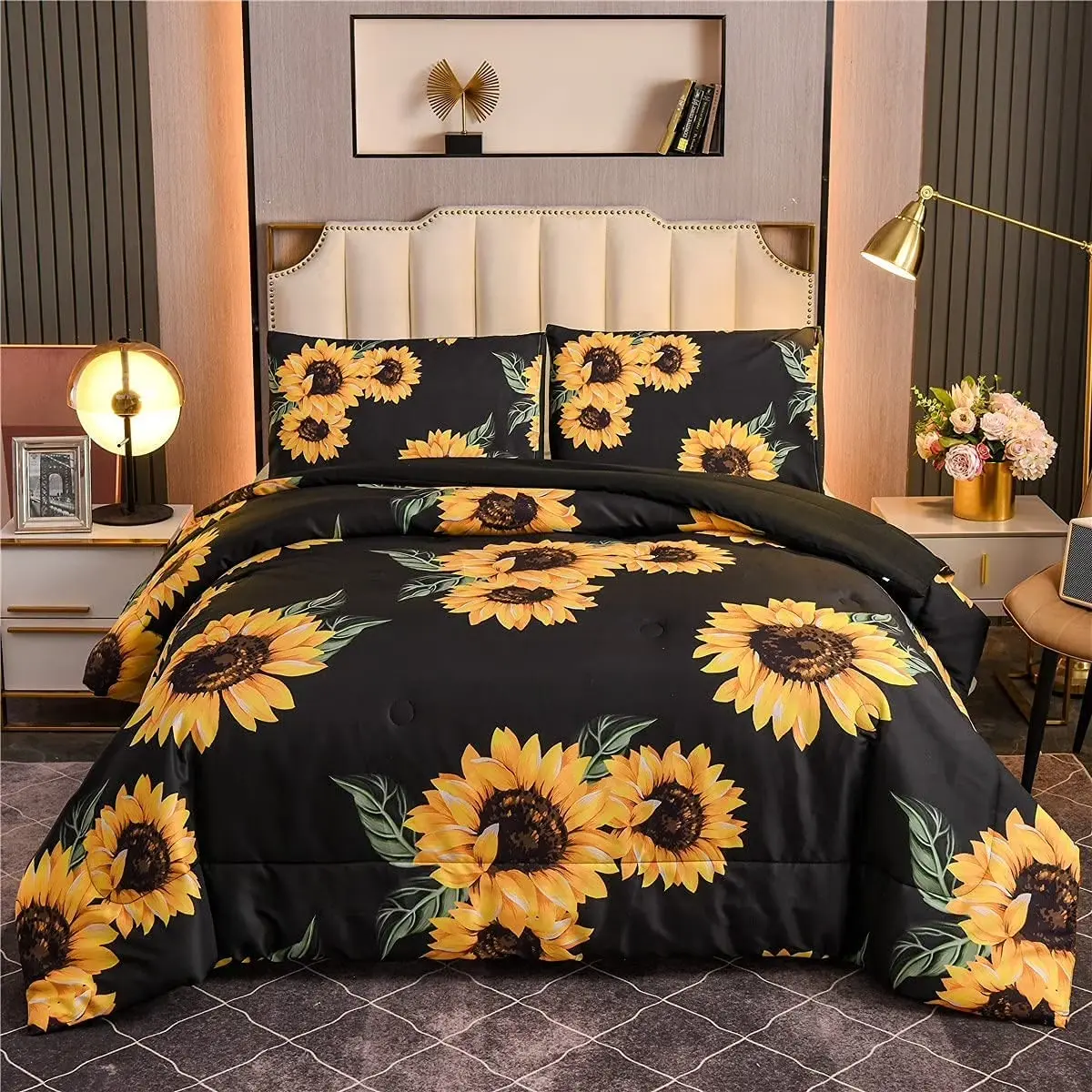 Bold Sunflower Valentine’s Bedding Set, 1 Fitted Sheet + 2 Pillowcases, Romantic Modern Style, Couples’ Bedrooms, Intimate Gatherings, Bed Sets, Theme Bedding Set, Household Bedding Set, Polyester Bed Set