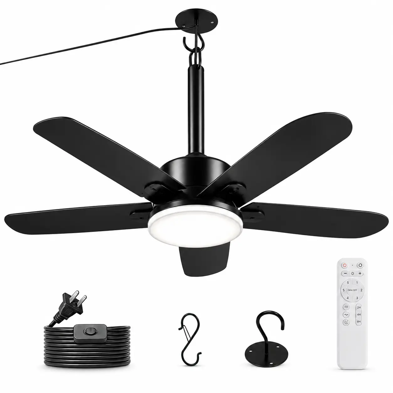NWOP 20 Inch Plug-In Outdoor Ceiling Fan with Light and Remote, Waterproof Wet Rated Mini Ceiling Fan for Small Spaces, 5 Blade Quiet Compact Ceiling Fan for Patio Balcony Gazebo Porch, Black