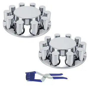 Semi Truck Front Axle Wheel Cover Kit Removable Hub Cap ABS Chrome Plastic with 33mm Thread On Flange lug Nut Covers Flat Top Design, 2 SetH
