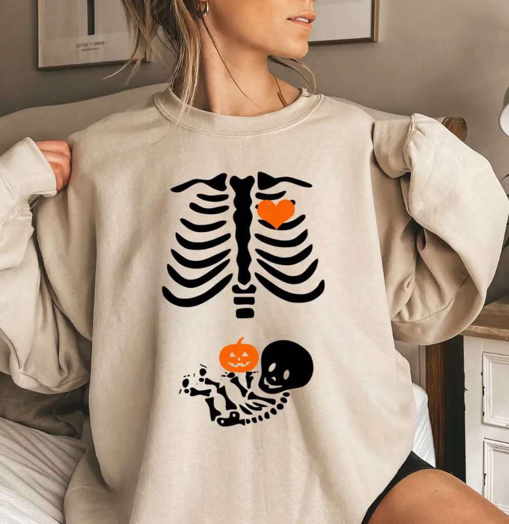 Women's X-Ray Skeleton Halloween Sweatshirt, Funny Maternity Graphic Crewneck, Spooky Season Fall Pullover, Pregnant Mom Halloween Apparel, Cozy Casual Maternity Top, Halloween Gift for Moms-to-Be