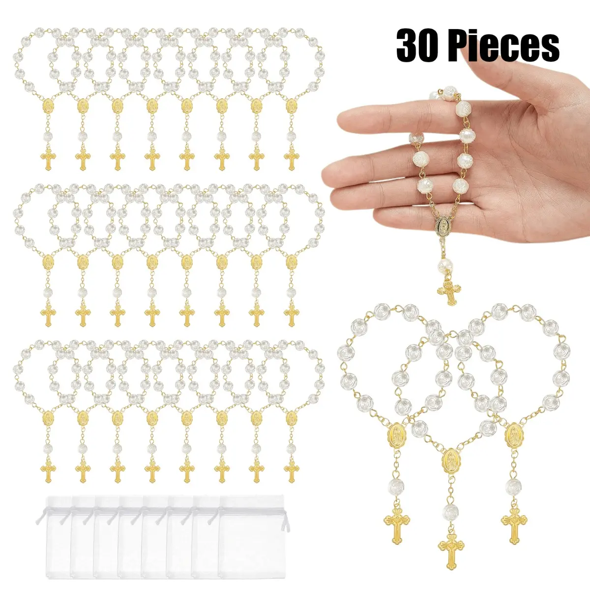 4.5" Long Lightweight Metal Cross Acrylic Mini Rosary Prayer Beads, Transparent Drawstring Mesh Bag Included, Religious Decoration for Baptisms, Ideal Baptism Gift