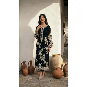 Lahzeh Women's 3-PC Navy Chiffon Dupatta Set, Embroidered Shirt & Matching Trouser for Traditional Wear