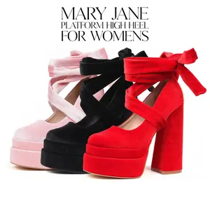CYNLLIO Womens Mary Jane High Heels Square Toe Cross Tied Lace Up Bow Slip On Comfy Platform Chunky Heeled Dress Outing Wedding Party Casual Cosplay Spring Pump Shoes