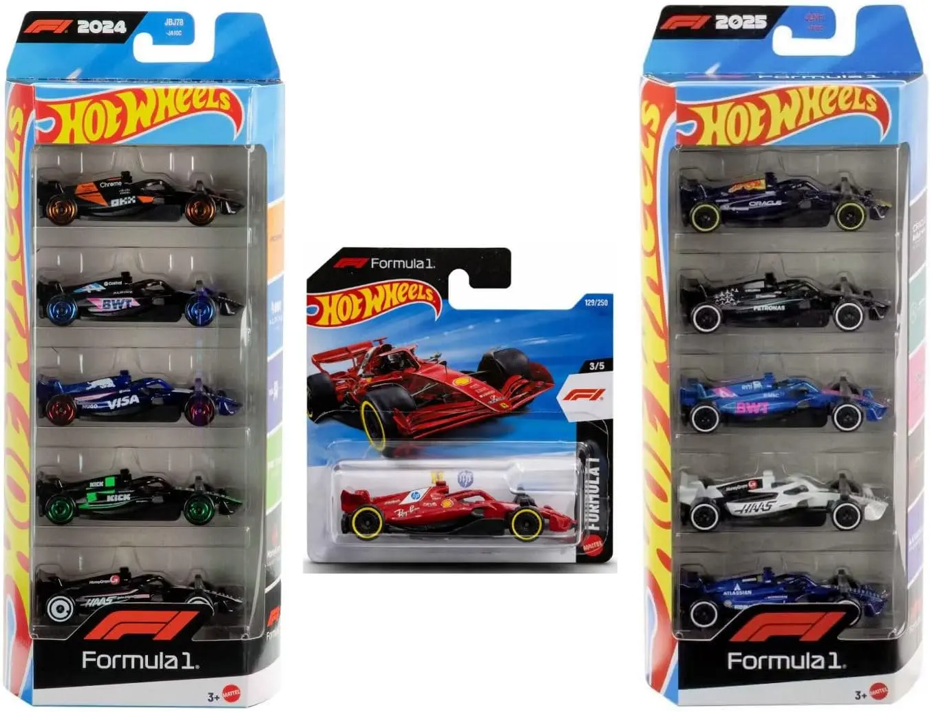 Hot Wheels F1 Die-Cast Cars, Bundle of F1 2024 & 2025 Teams 5 Packs and Scuderia Ferrari HP Short Card, Ages 3+