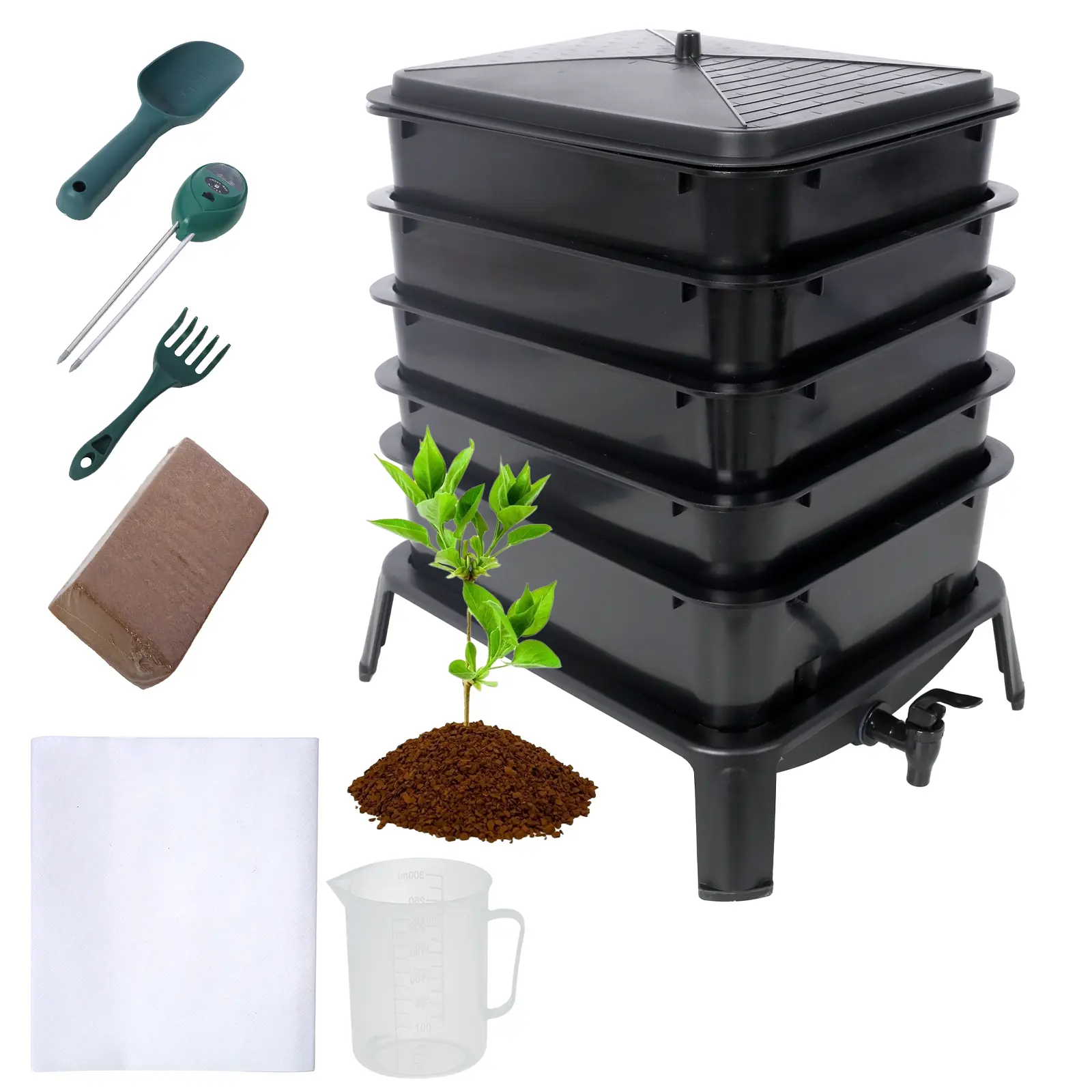 DONEXT 3-5 Layer Stackable 50L Worm Compost Bin - Odor-Proof PP Plastic Complete Kit, Eco-Friendly Vermicomposting System with Lid & Accessories, Composting Bin for Kitchen Food Waste Recycling