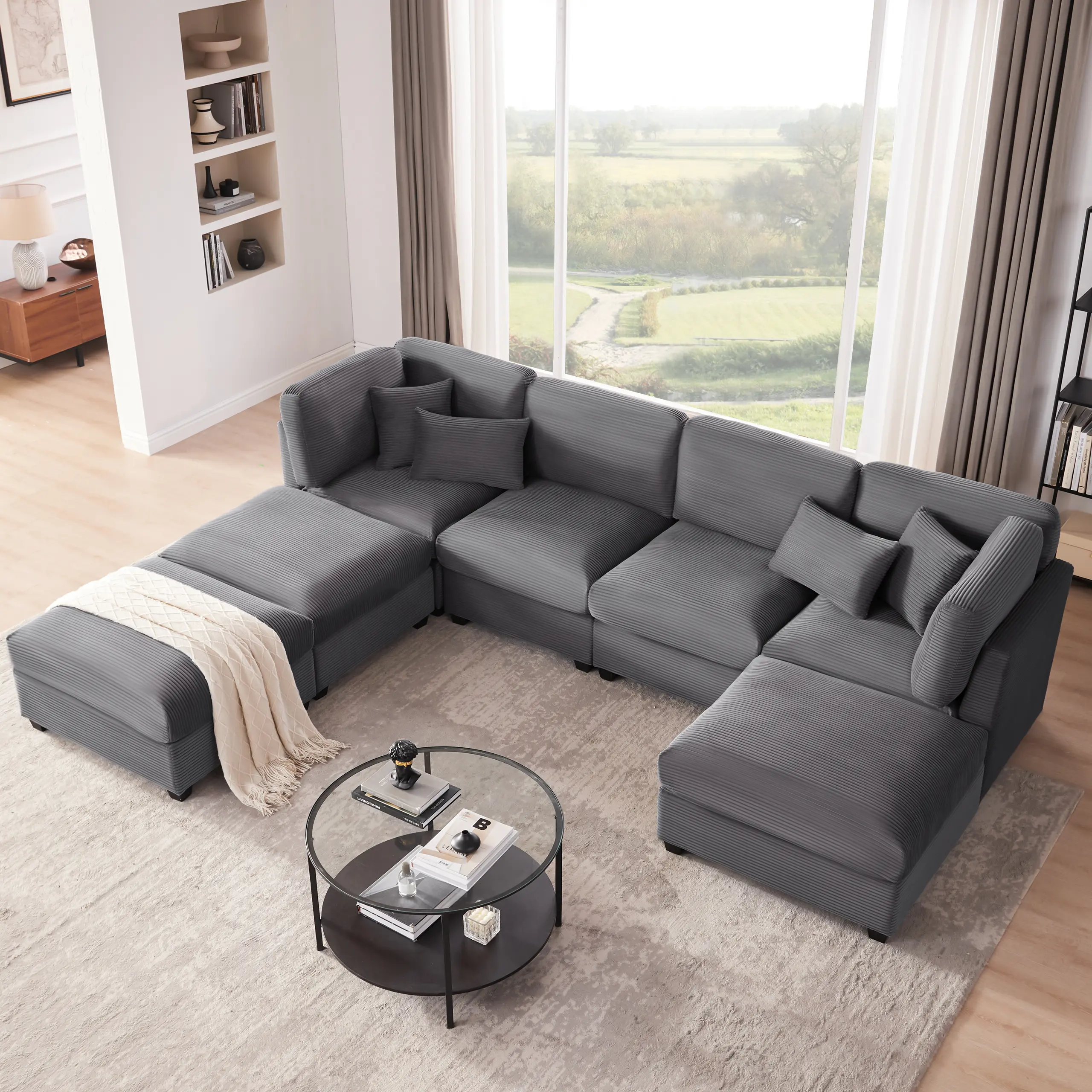 【6-7 Packages】123 Inch Oversized Corduroy Modular Sectional Sofa, U Shaped Modular Couch with Storage, 5 Seat Convertible Corduroy Couch, Comfy Sectional Couches for Living Room with Memory Foam