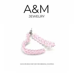 A&M Pink 14K Gold Plated Wheat Heart Earrings for women- Elegant Rhinestone Design Earring, Jewelry