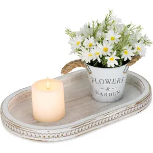 Decorative Trays for Coffee Table : White Oval Centerpiece Tray Wood for Farmhouse Entry Table Decor Round Bathroom Tray for Living Room Kitchen Counter