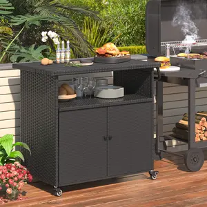 Outdoor Bar Cart with Wheels Rattan Patio Bar Table with Storage Cabinet