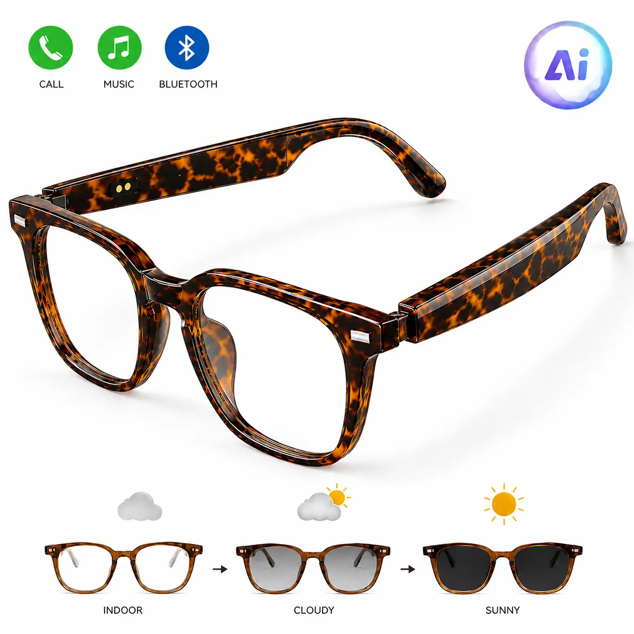 VUB Stylish Smart Translation Glasses, Exclusive Tortoiseshell Frame, Adaptive Photochromic Lenses, Bluetooth Music & Calls, Blue Light Protection