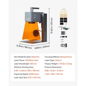 VEVOR Portable Laser Engraver, 5000 mm/s High Speed, 12W Handheld Blue Laser Engraver and Cutter, Engraving Precision 0.01x 0.01 mm, DIY Engraving Tool, for Wood, Acrylic, Leather, Cloth, Class 4
