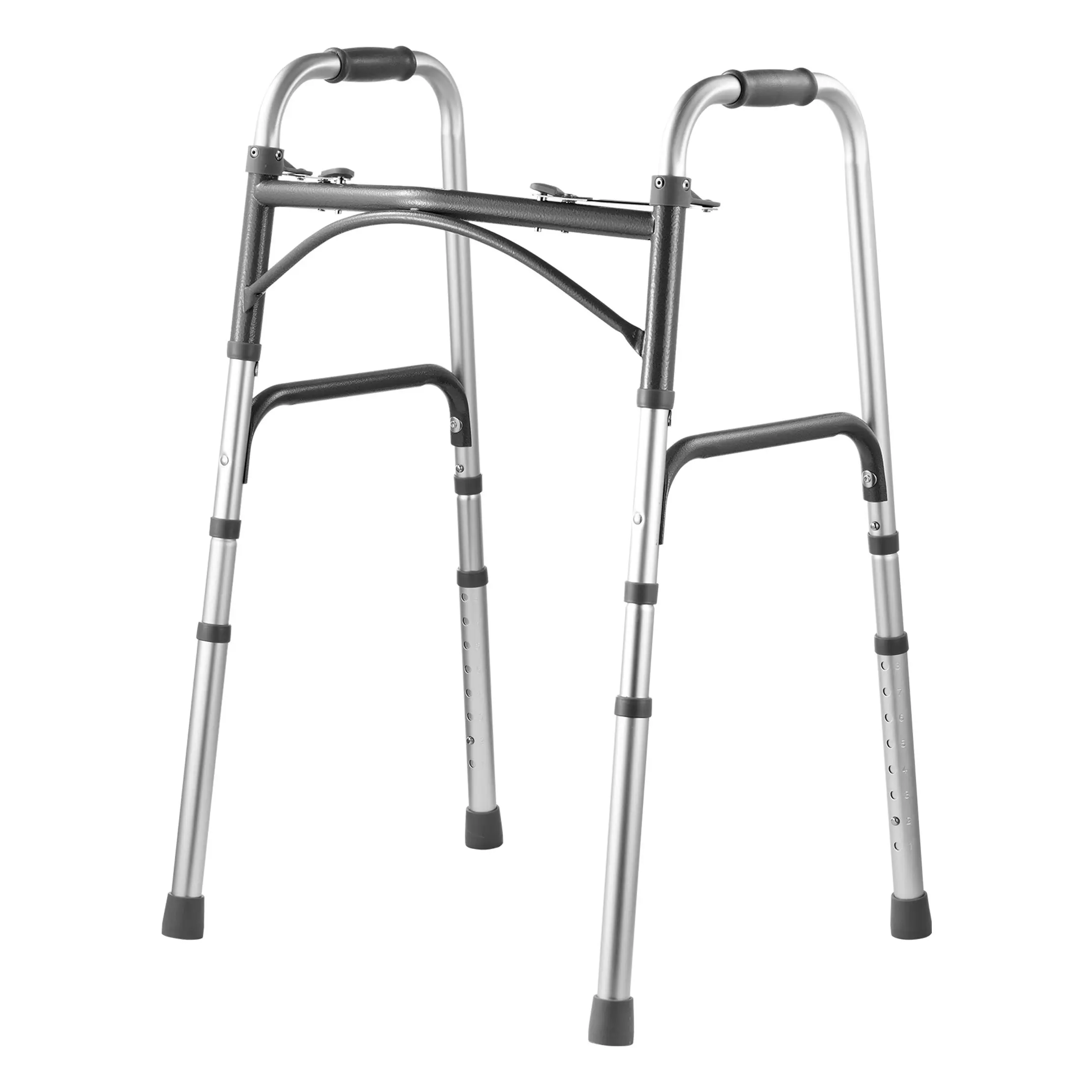 VEVOR Foldable Walker Equipment, 2-Button Folding Design, 8-Level Adjustable Height (32.3-39.4 in), Durable Handles, Lightweight Aluminum Healthcare Mobility Aid for Elderly Adults, 350 lbs Capacity, Travel Size, 19.1X17.1X(32.3-39.4) in