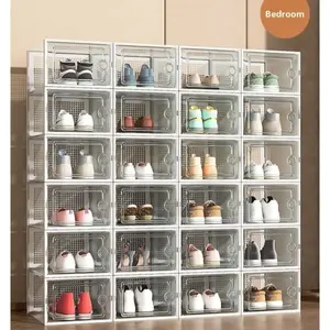 Shoe storage boxes, Shoe organizer, 6-piece sets, made of thick transparent material with lids, foldable and stackable containers allow for flexible arrangement, ideal for organizing sneakers and saving space in entryway