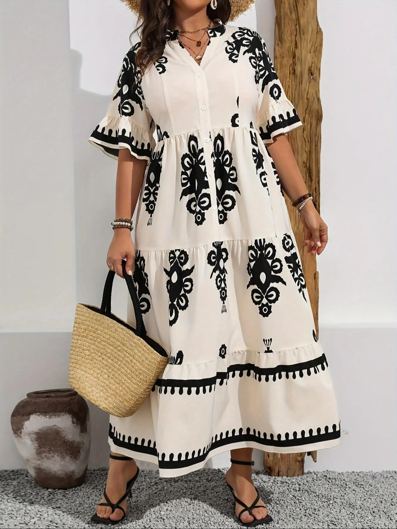 Plus Size Boho Floral V Neck Dress, Short Sleeve Summer Beach Vacation, Women's Casual Fashion, Printed Bohemian Style, Boho Styles, Womenswear