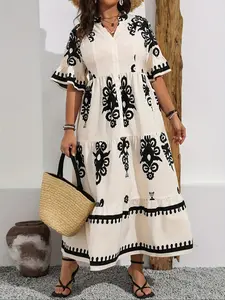 Plus Size Boho Floral V Neck Dress, Short Sleeve Summer Beach Vacation, Women's Casual Fashion, Printed Bohemian Style, Boho Styles, Womenswear