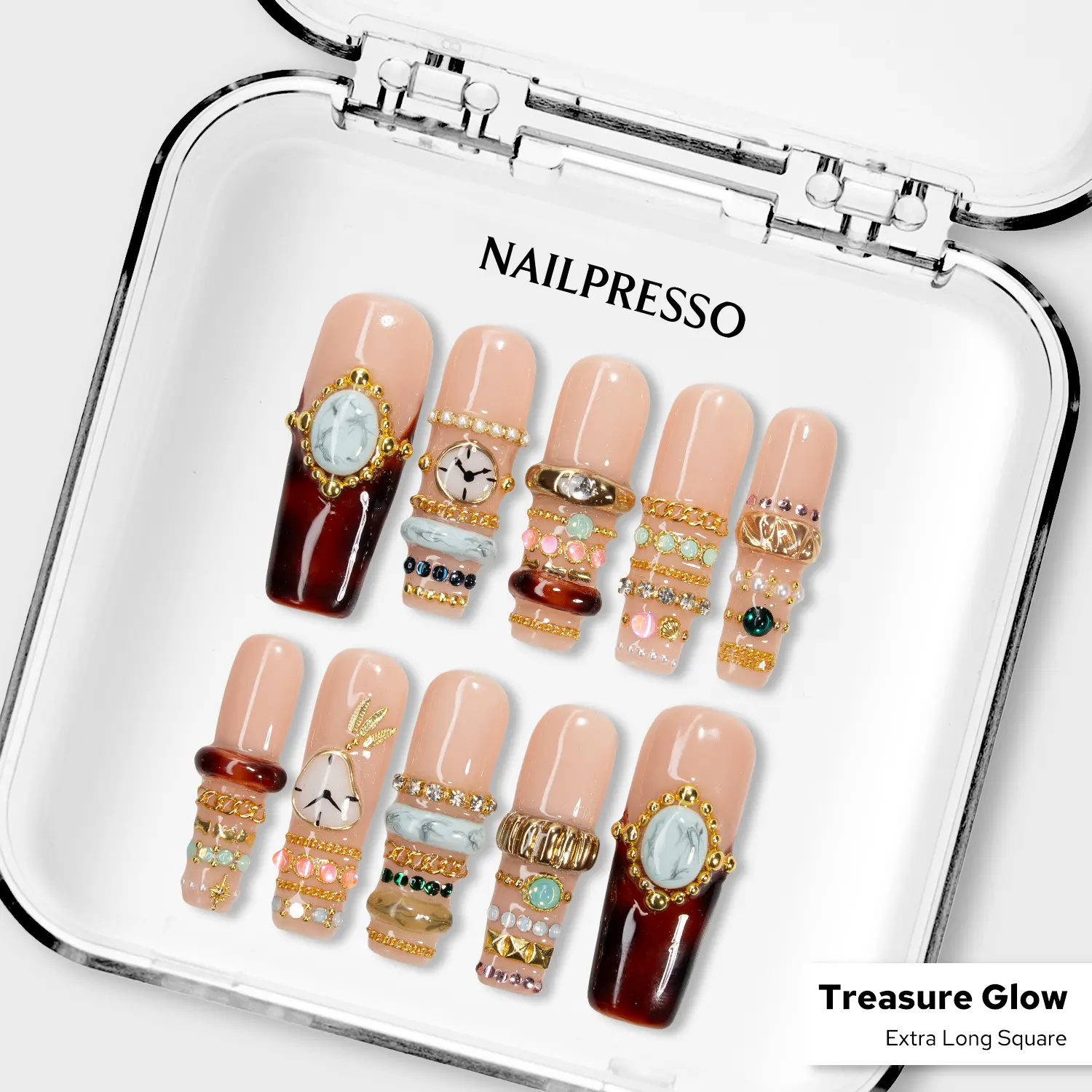 Nailpresso | TREASURE GLOW Bangle Nails 100% Handmade 3D Press-Ons | Reusable Long-Lasting Salon-Quality | Luxury Rhinestones & Complimentary Tool Kit